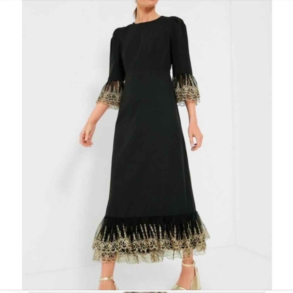 Pomander Place Lillith Black Maxi Dress Small NWT Gold Lace Formal Gala - Picture 2 of 11